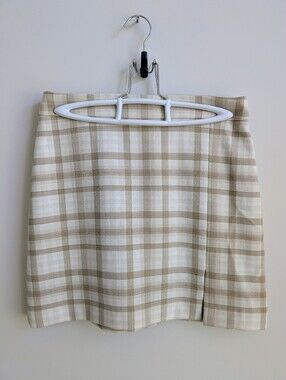 Wilfred Size 4 Cream And Brown Plaid Short Mini Skirt Front Side Slit Aritzia